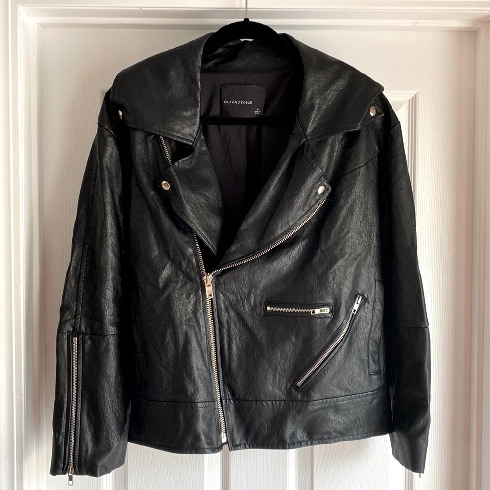 Olivaceous Black Leather Biker Jacket